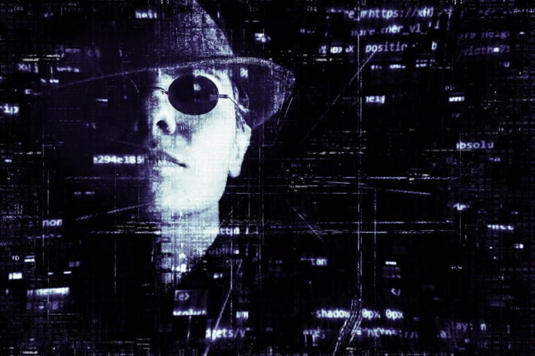 Hacker wearing sunglasses and hat, smoking cigarette with computer code in the background